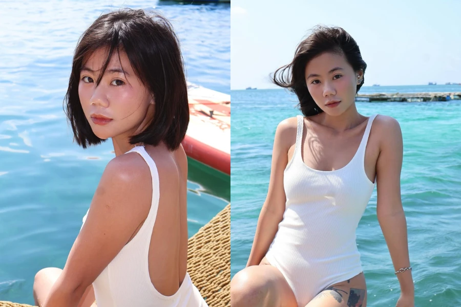 TikToker "Thảo da ua" khoe dáng với monokini giữa biển xanh