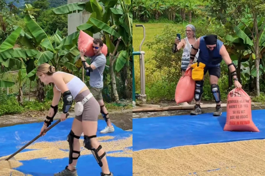 Du khách nước ngoài thích thú du lịch Hà Giang mùa lúa chín