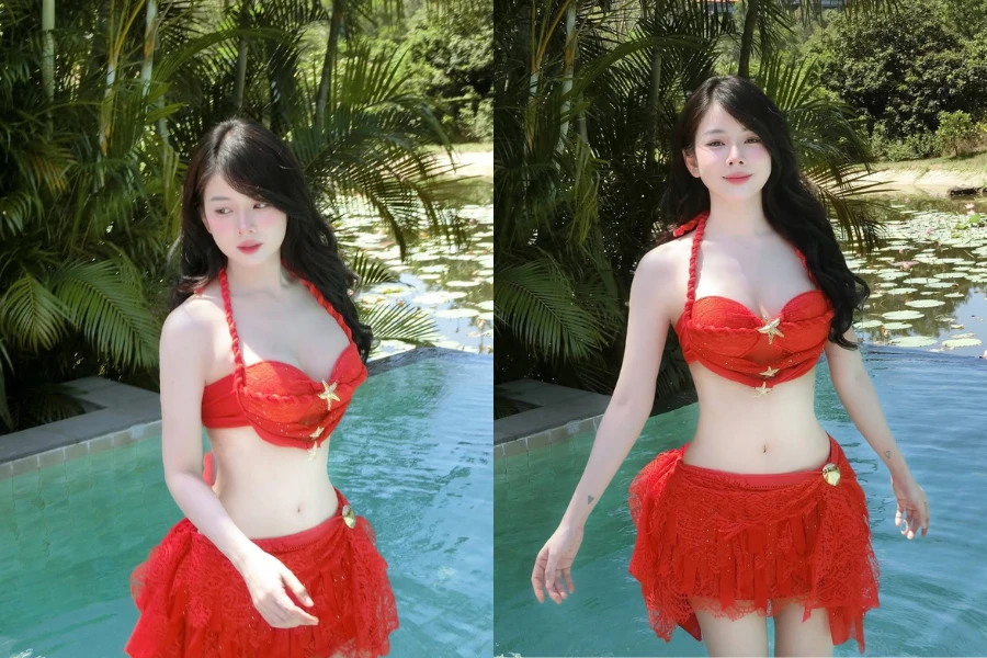 DJ Mie diện bikini đỏ rực khoe dàn da trắng ngần như "bông bưởi"