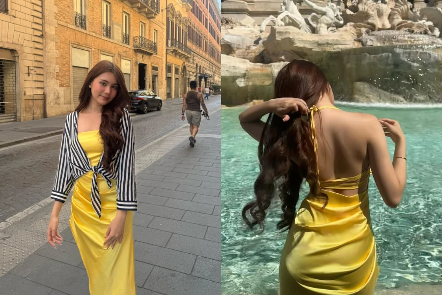 Con gái Quyền Linh khoe vai trần xinh đẹp ở thành Rome