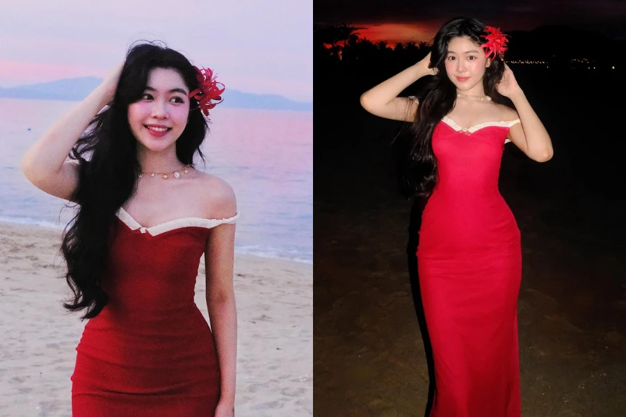 Con gái Quyền Linh diện váy ôm sát đỏ huyền bí khoe dáng