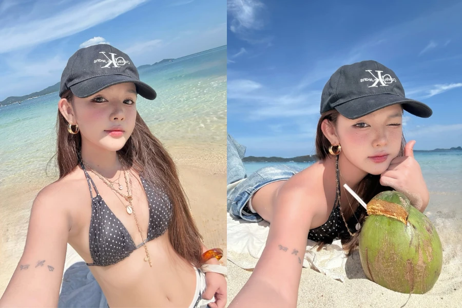 "Hot girl có gương mặt em bé" style đi biển nửa kín nửa hở cuốn hút