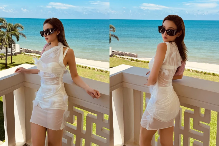 Huyền baby khoe dáng sang chảnh chuẩn "phú bà" bên biển