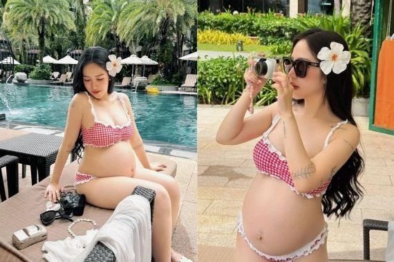 Mẹ bầu Joyce Phạm rạng ngời với bikini ở tháng cuối thai kỳ