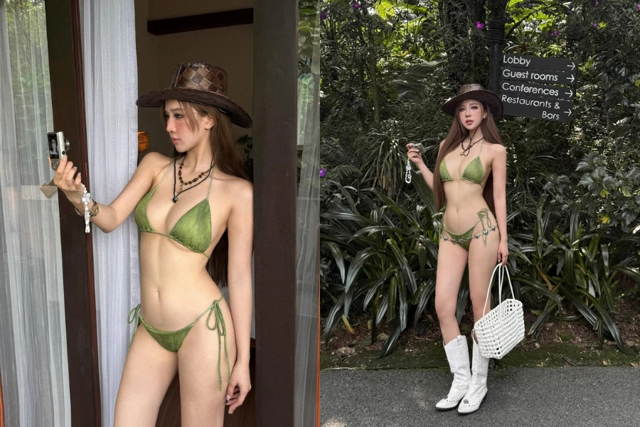 "Hot girl cổ vũ" khoe dáng bốc lửa giữa thiên nhiên xanh mát