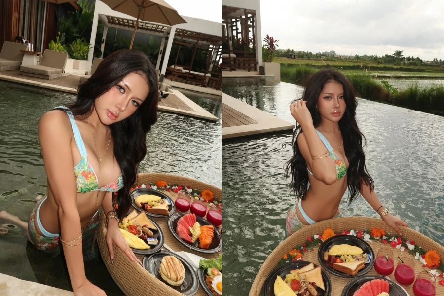 Xuân Ca khoe dáng nóng bỏng với bikini giữa hồ bơi