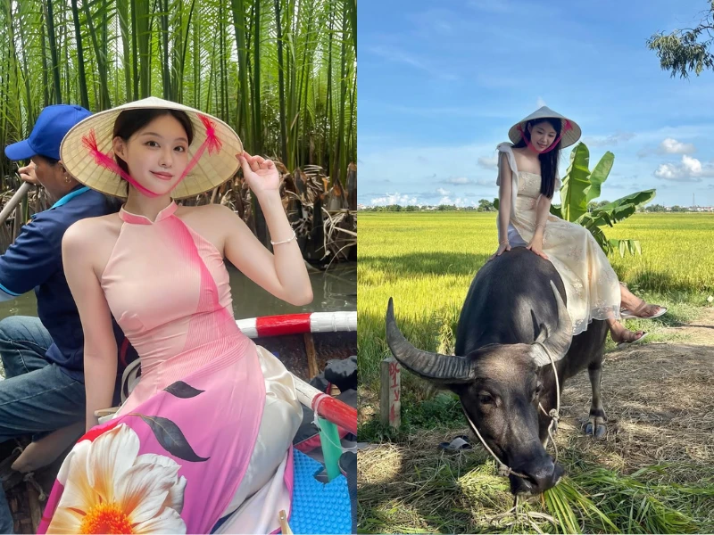 Gái xinh Hàn Quốc diện áo dài, cưỡi trâu khi du lịch Việt Nam