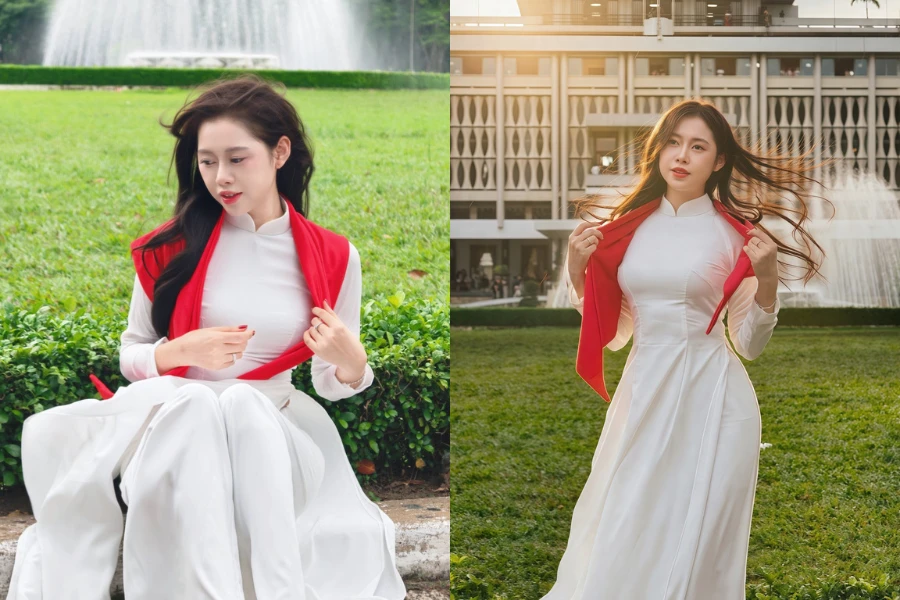 Tiktoker Việt Phương Thoa xúng xính áo dài chụp ảnh trước thềm Quốc khánh 2/9