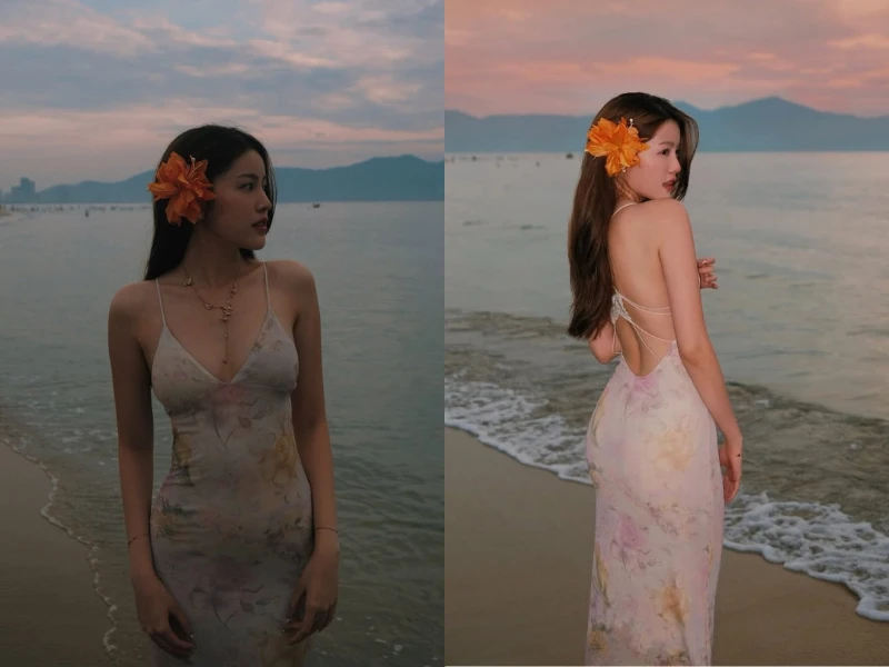 Hot girl Tăng Mỹ Hàn đi biển khoe lưng trần nõn nà