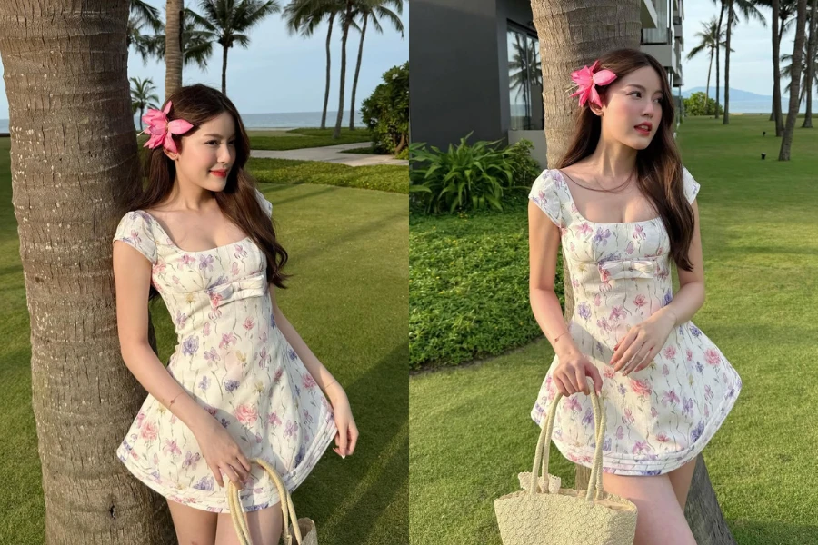 Hot girl Tăng Mỹ Hàn diện váy ngắn khoe chân dài miên man