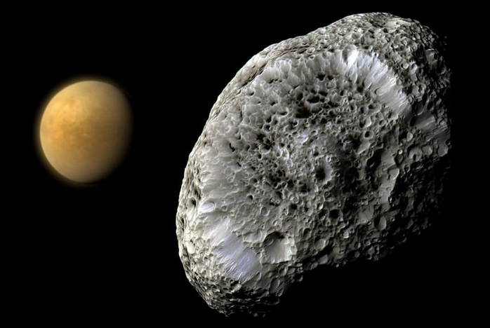 Mặt Trăng Hyperion kỳ dị hiện tại có thể chỉ là những mảnh vụn kết tụ từ sự kiện Titan "nuốt chửng" phiên bản ban đầu của Hyperion - Ảnh: NASA