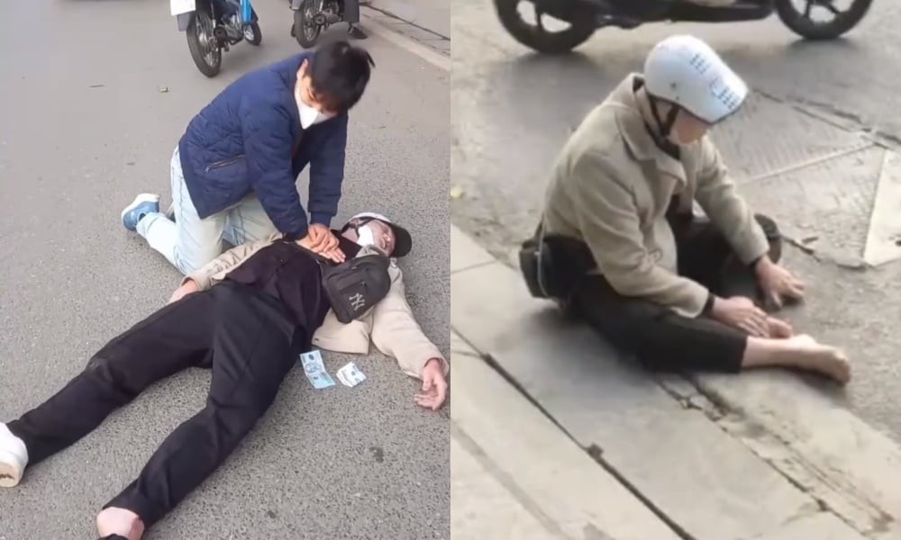 Nam bác sĩ liên tục ép tim cứu sống nam thanh niên gặp nạn. Ảnh cắt từ clip