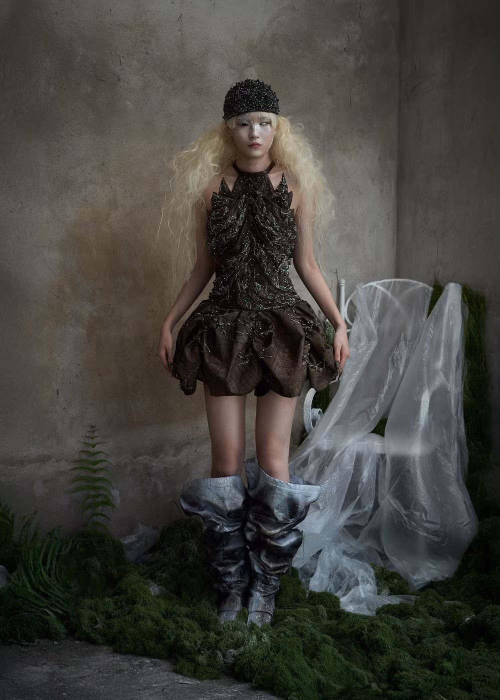 Về chất liệu, Thu Hiền kết hợp vải da, ren và kỹ thuật in nhiệt để tạo hiệu ứng thị giác như vỏ cây cổ thụ, lớp rêu phủ hay rễ cây đan xen.