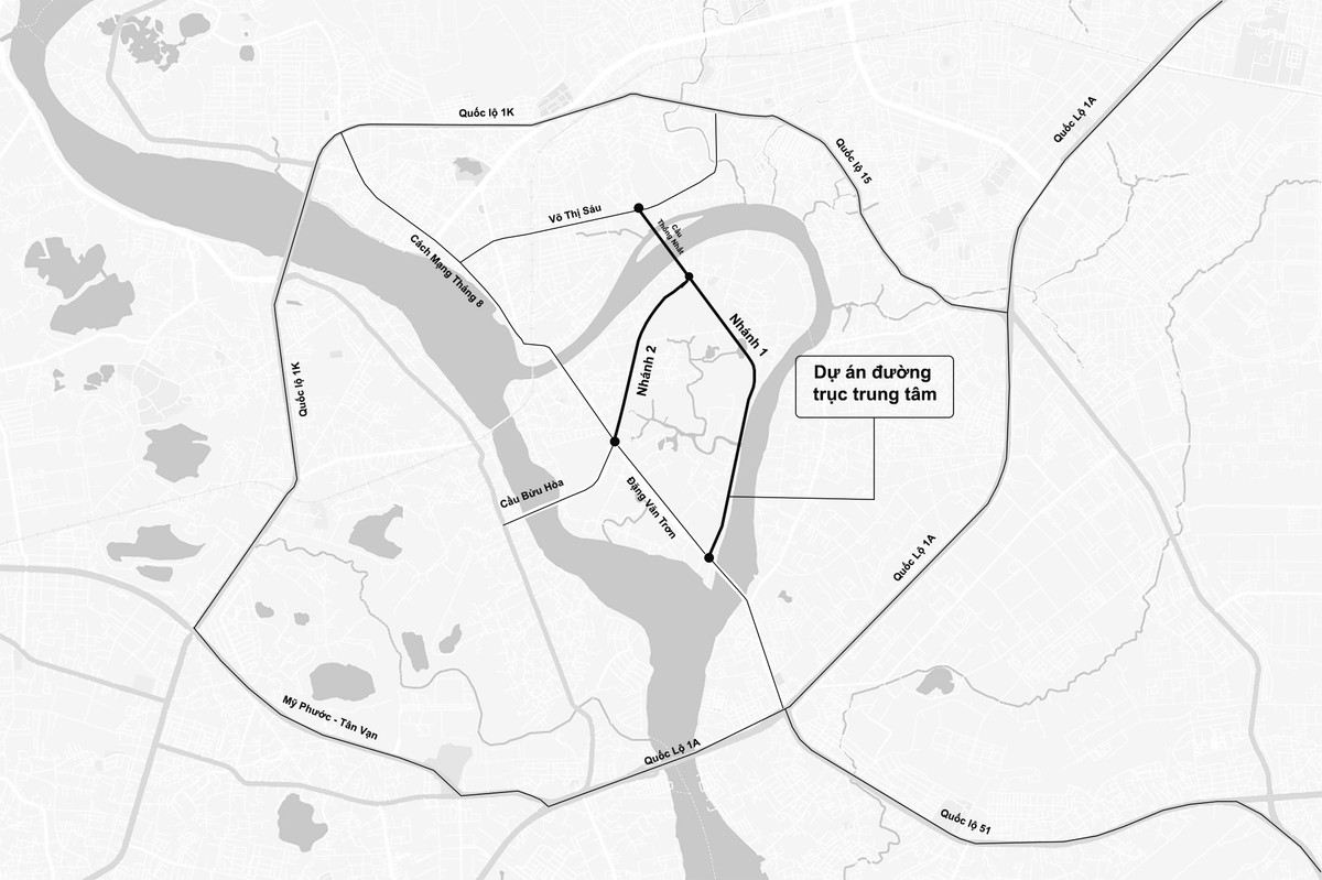 Hướng tuyến dự án đường trục trung tâm TP Biên Hòa.