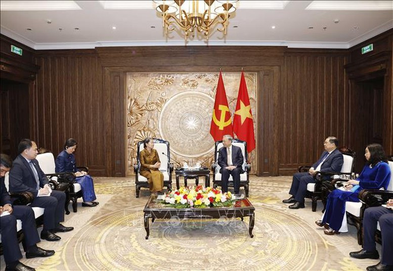 Tổng Bí thư Tô Lâm tiếp bà Men Sam An, Phó Chủ tịch Đảng Nhân dân Campuchia (CPP) sang chúc mừng thành công Đại hội Đảng XIV - Ảnh: TTXVN