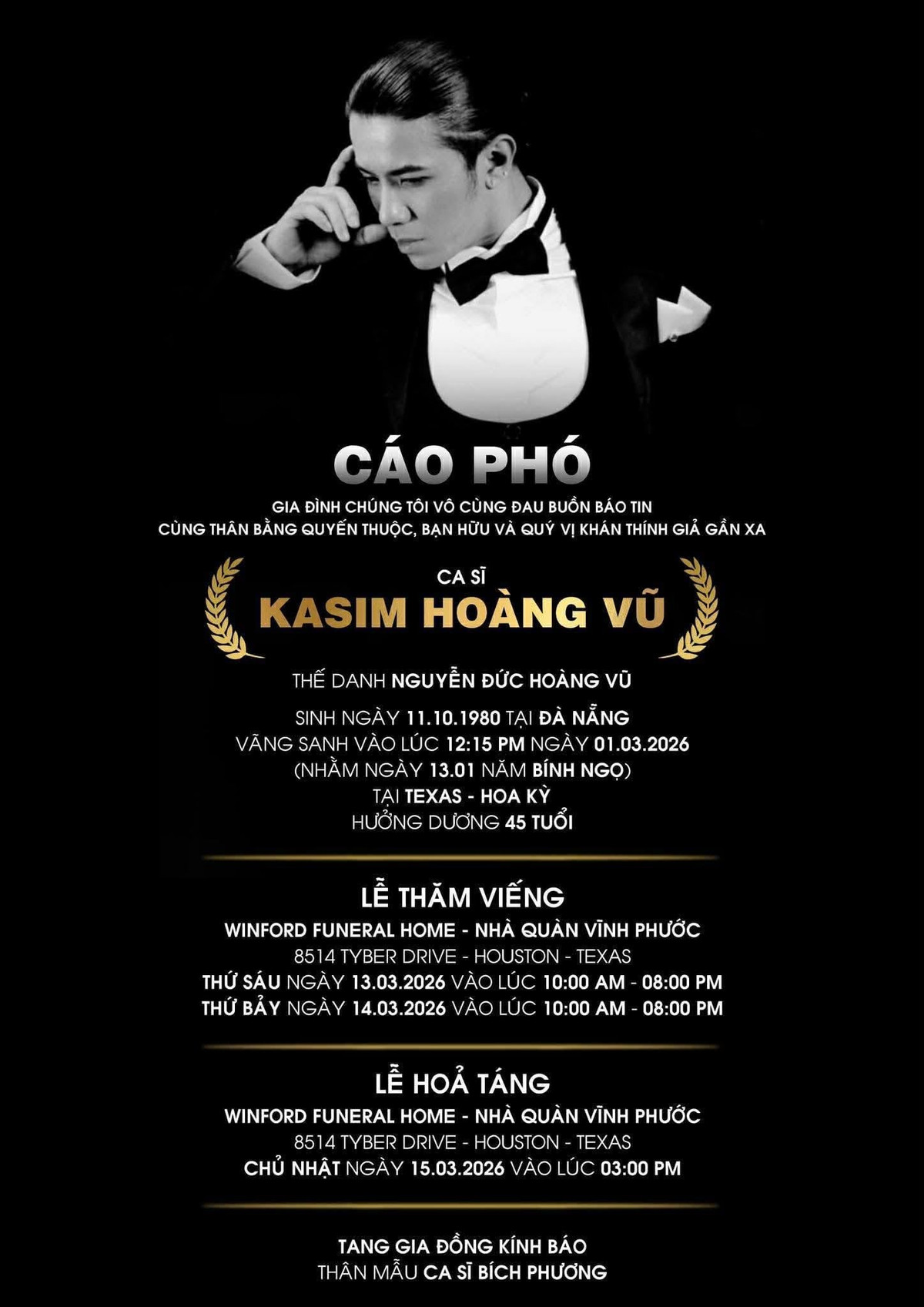 Cáo phó của ca sĩ Kasim Hoàng Vũ. Ảnh: FBNV