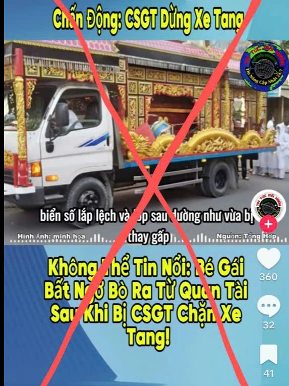 Hình ảnh lan truyền trên mạng cho rằng CSGT dừng xe, bé gái bất ngờ chui ra từ quan tài được xác định là thông tin sai sự thật. Ảnh chụp màn hình