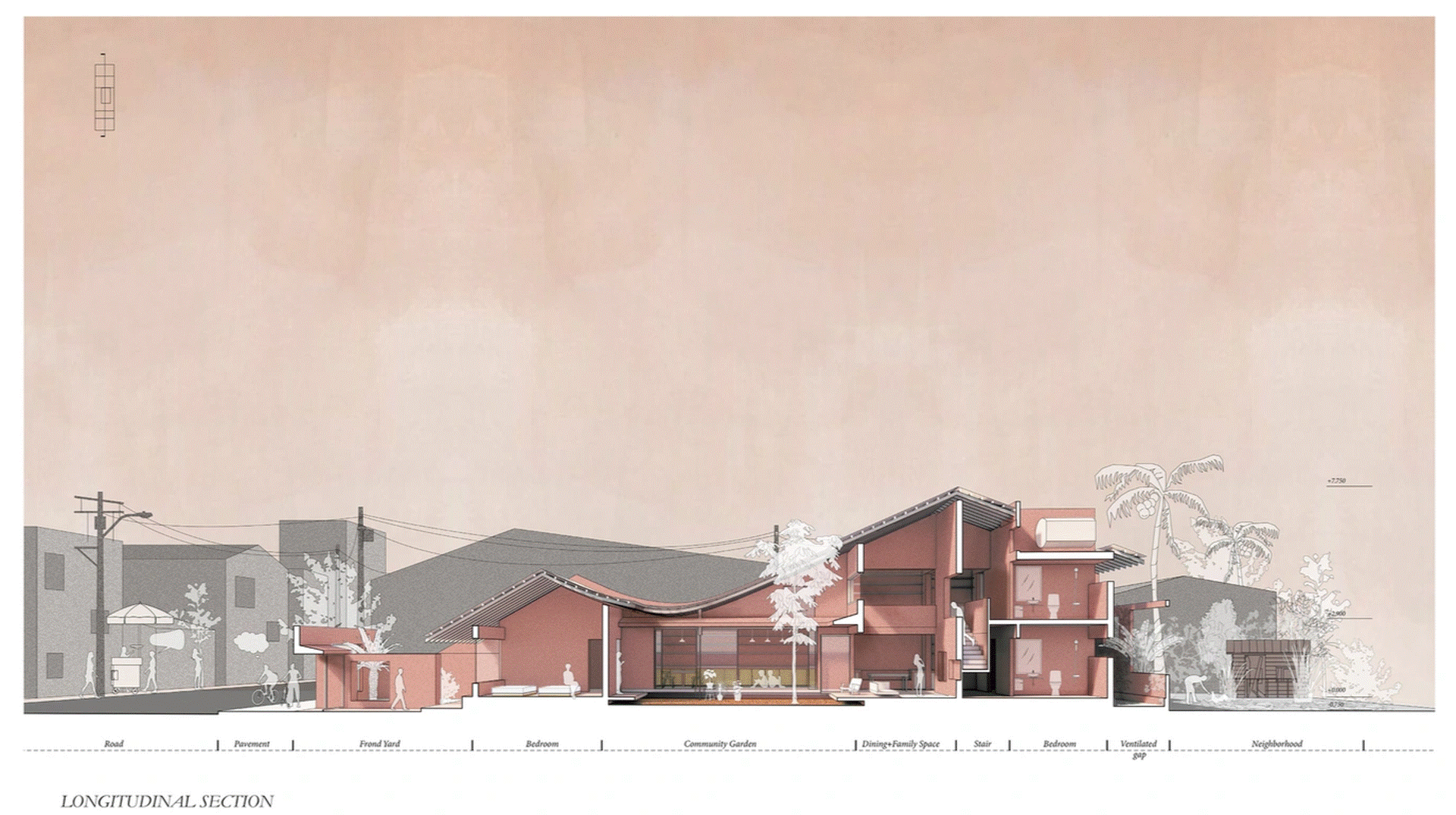 Thay vì chia căn nhà ống theo chiều dọc thông thường, các kiến trúc sư phân chia tách theo cấu trúc xoắn ốc. Trung tâm của ngôi nhà là một sân vườn rộng.