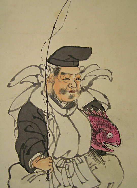 7. Huệ Bì Tu hay Huệ Bì Thọ (Ebisu) là vị thần luôn cầm trong tay một con cá tráp và chiếc cần câu.