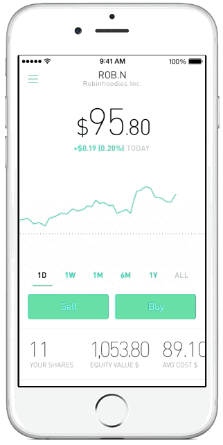 6. Robinhood: Ứng dụng theo dõi biến động của cổ phiếu trên sàn chứng khoán rất chi tiết, nhà phát triển còn bổ sung chỉ số ở dạng biểu đồ giúp người dùng dễ dàng theo dõi. Robinhood cũng được Apple xếp vào nhóm những ứng dụng tốt nhất năm 2015, miễn phí trên cả App Store và Play Store.