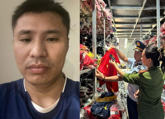 Đối tượng Nguyễn Văn Quang và lực lượng chức năng phát hiện hàng chục nghìn bộ quần áo giả mạo nhãn hiệu nước ngoài. untitled-1.jpg
