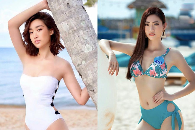 Với thiên hướng về sự trẻ trung, những mẫu bikini của Lương Thùy Linh luôn in họa tiết, cùng màu sắc sặc sỡ. Trong khi đó, Hoa hậu Đỗ Mỹ Linh đơn giản với gam màu trung tính trùng chi tiết nhấn nhá trên thắt eo gợi cảm.