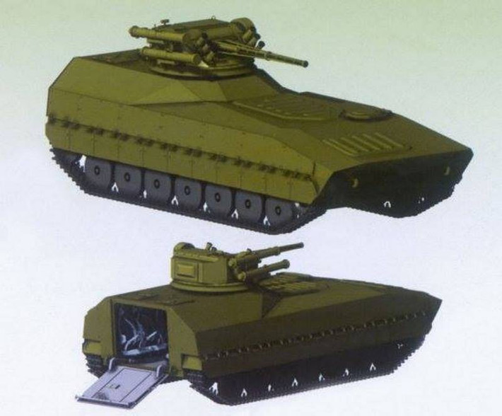 Các nhà phát triển đã tháo dỡ tháp pháo gắn lựu pháo 122 mm và lắp đặt cấu trúc thượng tầng ở phía sau thân xe, giúp tăng chiều cao của khoang chở quân.