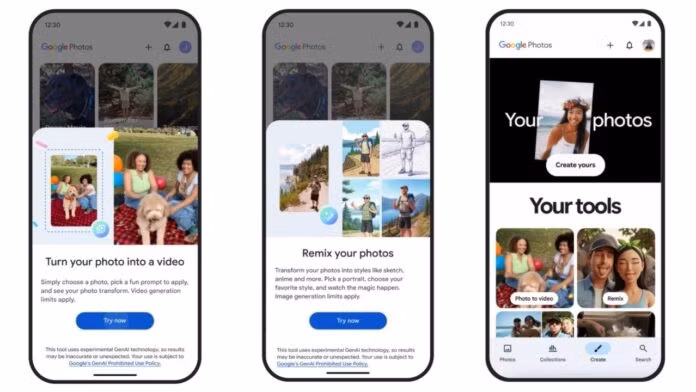 Hiện tại, Google đang sử dụng ô trên cùng để làm nổi bật mục Ảnh thành video. Lưới Công cụ của bạn liệt kê các công cụ Ảnh động, Ảnh Cinematic (3D), Ảnh ghép, Video nổi bật, Ảnh sang video và Phối lại