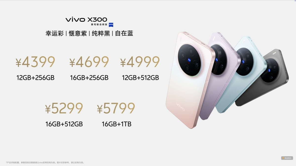 Trong khi đó, vivo X300 có giá từ 4.399 tệ (khoảng 16,2 triệu đồng) cho bản 12 GB - 256 GB, cao nhất 5.999 tệ (khoảng 22,2 triệu đồng) cho bản 16 GB - 1 TB.