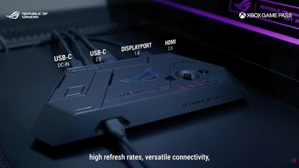 Đi kèm kính là ROG Control Dock, đóng vai trò như một hub kết nối. Dock này hỗ trợ DisplayPort 1.4 và HDMI 2.0, cho phép chuyển đổi nhanh giữa PC và console chỉ với một thao tác.