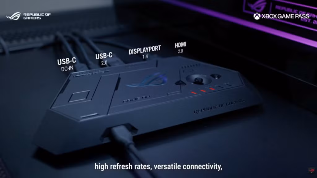 Đi kèm kính là ROG Control Dock, đóng vai trò như một hub kết nối. Dock này hỗ trợ DisplayPort 1.4 và HDMI 2.0, cho phép chuyển đổi nhanh giữa PC và console chỉ với một thao tác.