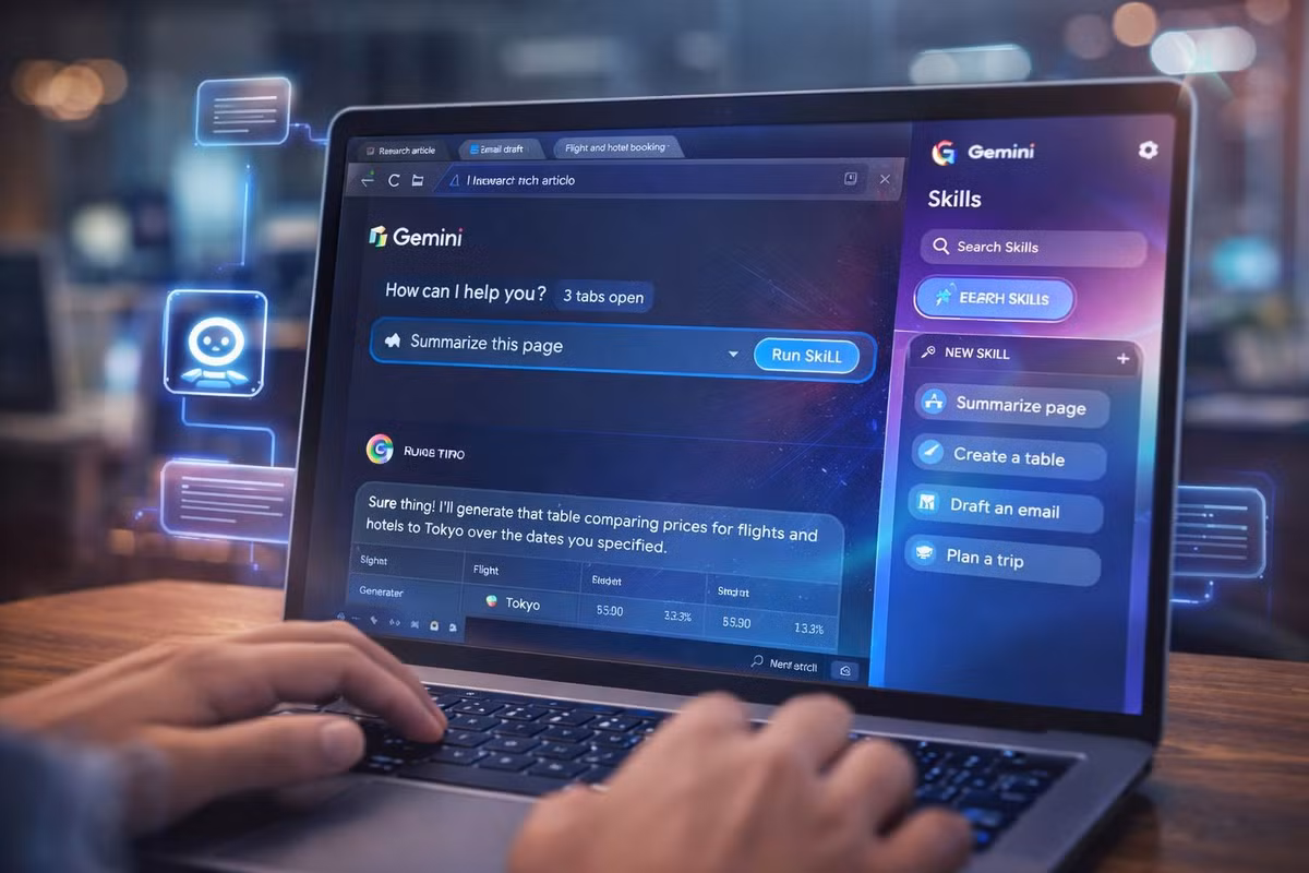 Nếu muốn trải nghiệm Skills, bạn hãy mở thanh bên Gemini trong Chrome bằng cách nhấp vào biểu tượng “Ask Gemini” hình pháo hoa ở góc trên bên phải màn hình. Sau đó, gõ dấu gạch chéo vào ô nhập lệnh để chọn Skill bạn muốn sử dụng.