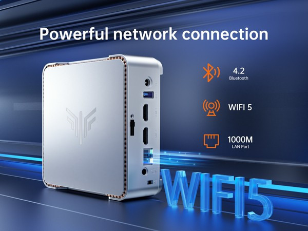 Tốc độ và hiệu năng kết nối internet của Kamrui Intel N97 không hề bị ảnh hưởng. Máy được tích hợp Wi-Fi 5 và Bluetooth 4.2, cùng với bộ xử lý N97 mạnh mẽ 3.6GHz giúp mọi thứ vận hành mượt mà.