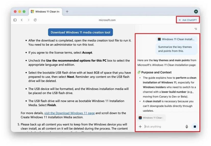OpenAI đã trình diễn cho thấy bạn có thể đánh dấu một đoạn văn bản trong email, nhấp vào nút ChatGPT và yêu cầu chatbot cải thiện nội dung. Ngoài ra, trình duyệt có nút “Ask ChatGPT” ở góc trên bên phải, mở thanh bên cho phép chatbot xem trang web bạn đang xem và cung cấp câu trả lời hữu ích như tóm tắt đánh giá phim hoặc phân tích mã máy tính, mặc dù bản demo cho thấy kết quả có thể không phải lúc nào cũng chính xác.