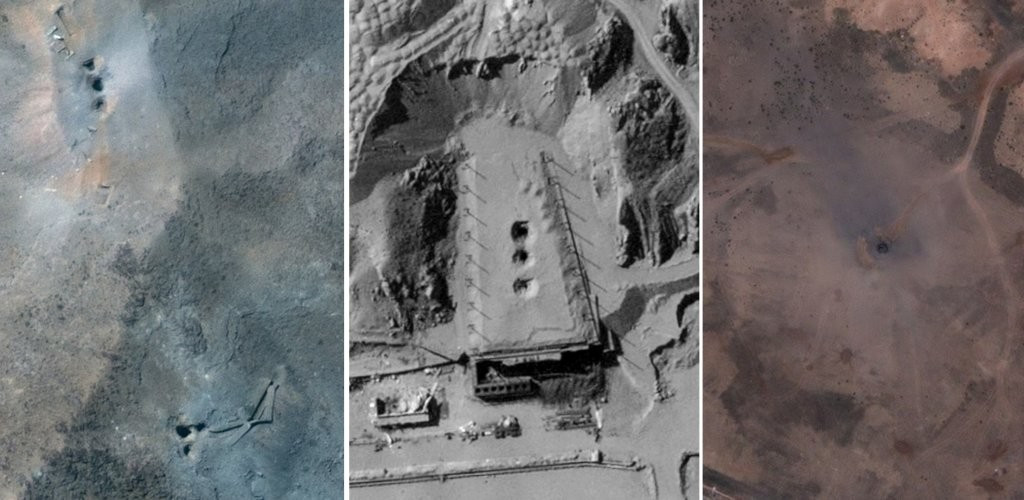 Cận cảnh các điểm tác động tại cơ sở Taleghan 2 (giữa) và Fordow (trái) cùng Natanz (phải) sau chiến dịch Midnight Hammer rất giống nhau. Ảnh vệ tinh ©2025 Maxar Technologies / Ảnh vệ tinh ©2026 Vantor