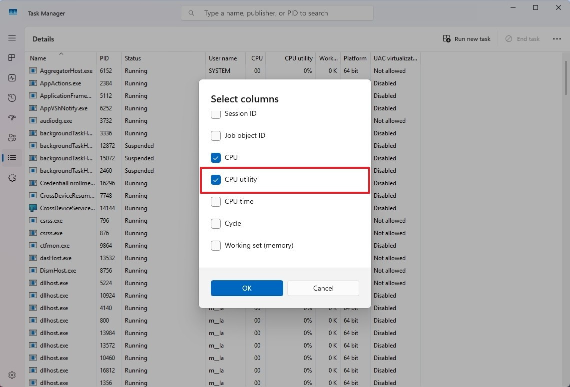 Sau khi cài đặt bản cập nhật này, bạn cũng sẽ thấy ứng dụng Trình quản lý tác vụ mới hơn hiển thị mức sử dụng bộ xử lý nhất quán hơn bằng cách sử dụng số liệu chuẩn của ngành. Để xem số liệu cũ, hãy mở tab "Chi tiết" và chọn tùy chọn "Tiện ích CPU" từ menu ngữ cảnh "Chọn cột".