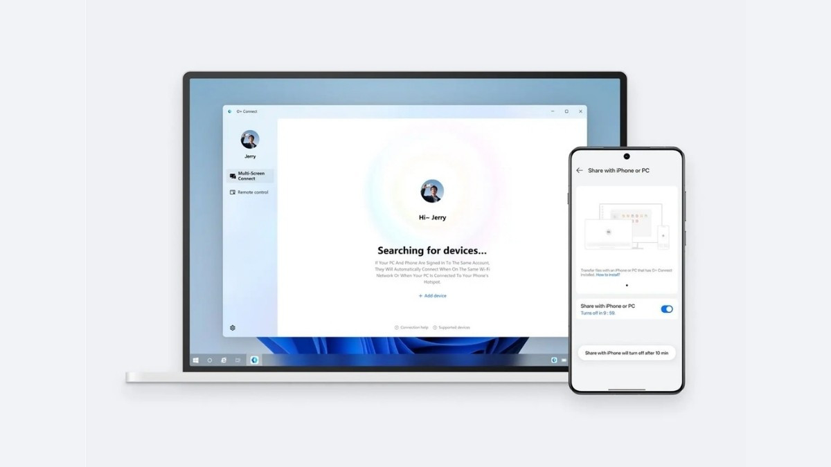 Với O+ Conenect việc chia sẻ tệp, ảnh, danh bạ và lịch làm việc giữa điện thoại, tablet, PC, Mac chỉ bằng một thao tác chạm. Phản chiếu màn hình (screen mirroring) từ OnePlus lên PC hoặc Mac.