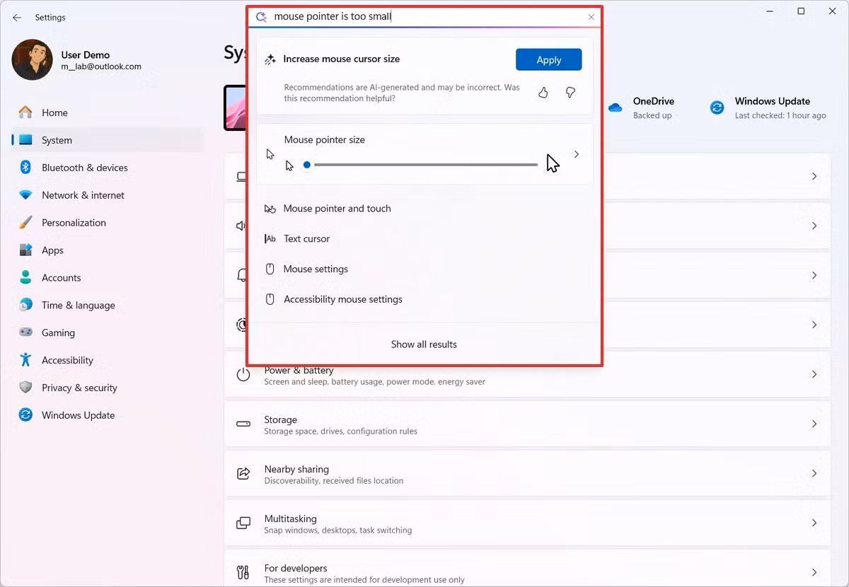 Là một phần trong những cải tiến của ứng dụng Cài đặt, Microsoft đang bổ sung tác nhân AI mới giúp bạn nhanh chóng tìm và sửa đổi cài đặt hệ thống bằng AI. Tính năng này đã có trước đây, nhưng chỉ giới hạn ở máy tính Copilot+ sử dụng bộ xử lý Snapdragon. Trong bản phát hành này, tính năng này sẽ được mở rộng sang máy tính Copilot+ sử dụng bộ xử lý AI AMD và Intel. Khi sử dụng tính năng này, bạn có thể tìm thấy các cài đặt một cách nhanh chóng, nhưng tác nhân AI cũng sẽ cung cấp tùy chọn cấu hình tính năng tự động khi được bạn cho phép.