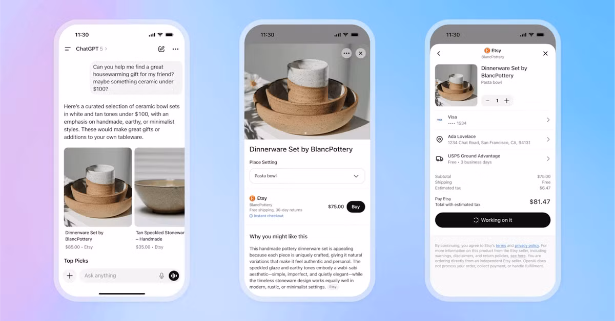 OpenAI cho biết đang triển khai tính năng Instant Checkout với các nhà bán hàng Etsy ngay hôm nay và sẽ sớm bổ sung hơn một triệu người bán từ Shopify, bao gồm các thương hiệu như Glossier, Skims, Spanx và Vuori.