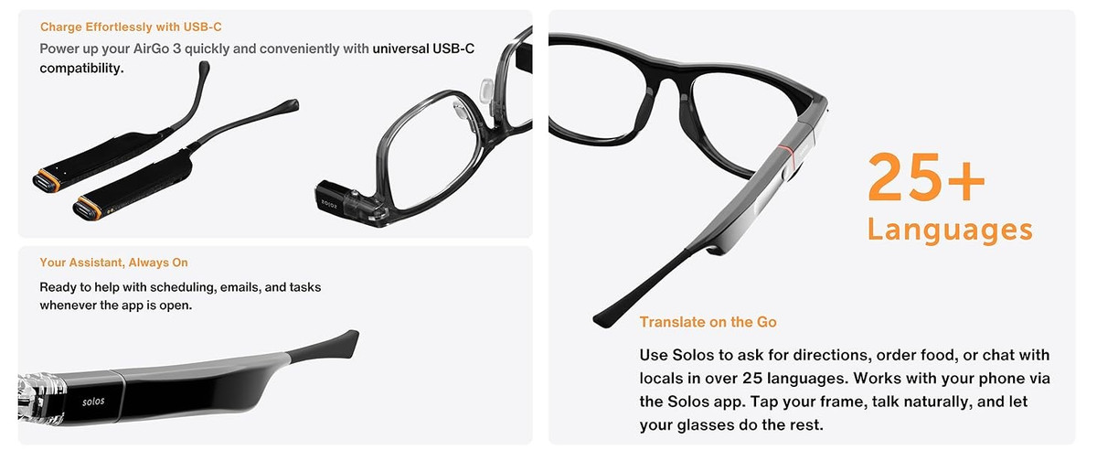 Kính cũng được trang bị cảm biến camera độ phân giải 2K trên gọng kính để xử lý thông tin hình ảnh và kết nối qua ứng dụng Ally trên iOS và Android . Kính đạt chuẩn P67 về khả năng chống bụi và nước, cùng với quai đeo tai nghe sạc qua cổng USB-C, cho phép sử dụng liên tục lên đến 16 giờ chỉ với một lần sạc. Thời gian sạc đầy quai đeo tai nghe khoảng 90 phút, và sạc nhanh 15 phút cho thời lượng pin khoảng ba giờ.