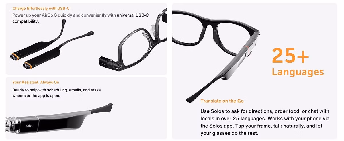 Kính cũng được trang bị cảm biến camera độ phân giải 2K trên gọng kính để xử lý thông tin hình ảnh và kết nối qua ứng dụng Ally trên iOS và Android . Kính đạt chuẩn P67 về khả năng chống bụi và nước, cùng với quai đeo tai nghe sạc qua cổng USB-C, cho phép sử dụng liên tục lên đến 16 giờ chỉ với một lần sạc. Thời gian sạc đầy quai đeo tai nghe khoảng 90 phút, và sạc nhanh 15 phút cho thời lượng pin khoảng ba giờ.