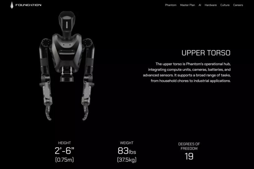 Phantom MK-1 sở hữu những thông số kỹ thuật ấn tượng, tương đương với thể trạng của một người lính trưởng thành: cao 1,75 mét và nặng khoảng 80 kg. Sankat Pathak, Giám đốc điều hành của Foundation, định vị sản phẩm của mình là "kẻ đầu tiên bước vào nơi nguy hiểm".