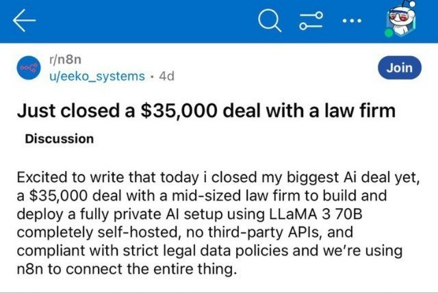 Câu chuyện bắt đầu khi một developer có tên u/eeko_systems chia sẻ trên Reddit về thương vụ lớn nhất trong sự nghiệp của mình. Thay vì sử dụng các dịch vụ AI có sẵn như ChatGPT hay Claude, công ty luật này quyết định đầu tư xây dựng một "pháo đài AI" hoàn toàn độc lập, không phụ thuộc vào bất kỳ nhà cung cấp nào.