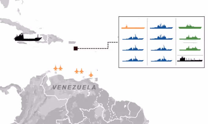Bài binh bố trận của Mỹ xung quanh Venezuela. Bấm vào ảnh để xem đầy đủ