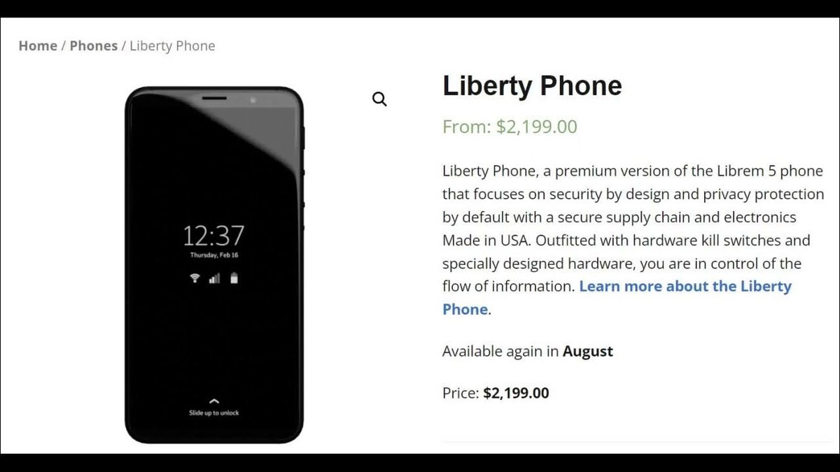 Công ty do Todd Weaver thành lập, Purism, đã phát triển được Liberty Phone, thiết bị mô tả thực tế rằng hoàn toàn có thể sản xuất ra được một chiếc điện thoại trên đất Mỹ. Cấu hình chiếc máy này, nếu đặt mốc thời gian 10 năm về trước thì có vẻ là sẽ ấn tượng, nhưng chiếc máy này lại được bán với mức giá tận 1.999 USD. Đó là hiện tại, lúc đầu họ còn định bán với giá 2.199 USD.