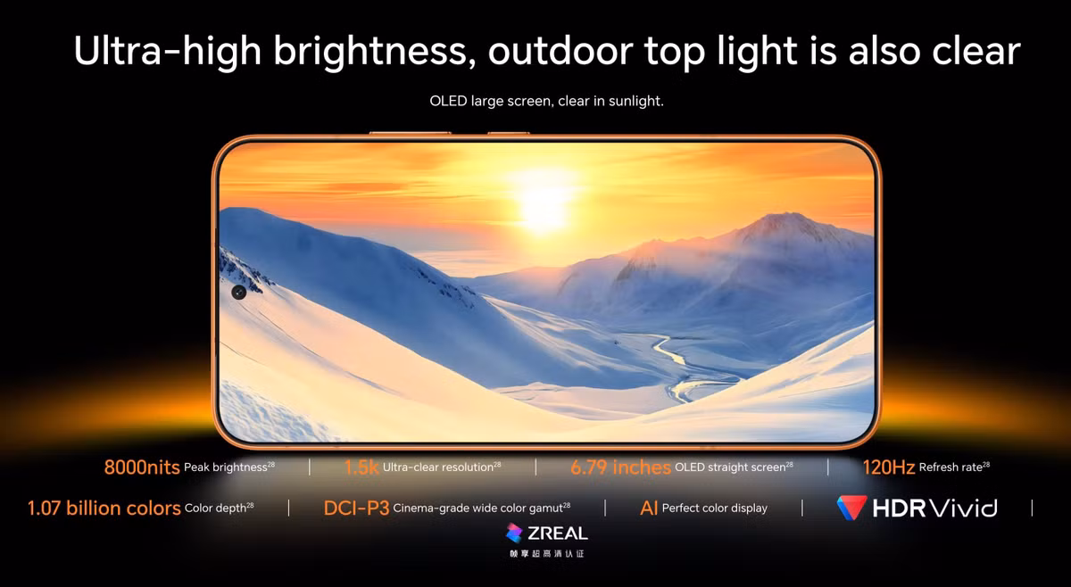 Mặt trước là màn hình OLED LTPS phẳng kích thước 6.79 inch, độ phân giải 2600 x 1200 pixel. Honor công bố độ sáng tối đa của màn hình có thể đạt tới 8.000 nits, đi kèm công nghệ điều chỉnh độ sáng PWM tần số cao 3.840Hz, hướng tới việc giảm nhấp nháy khi dùng ở độ sáng thấp.