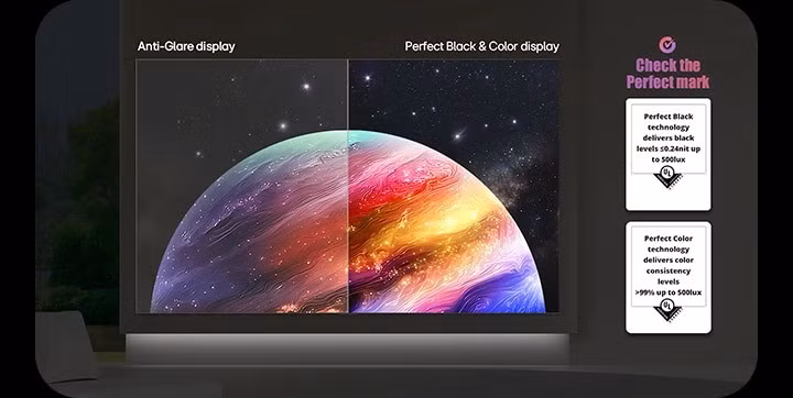 Điều này được chứng nhận bởi Reflection Free Premium, giúp giảm thiểu hiện tượng phản chiếu, cải thiện trải nghiệm xem trong các môi trường sáng.