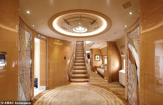 Lối vào máy bay phản lực có tường cong và cầu thang có đèn dẫn lên tầng trên. Lên cầu thang, ở 'bướu' mang tính biểu tượng của máy bay 747, là phòng khách đầy đủ với giá sách, ghế sofa góc và TV màn hình phẳng khổng lồ.