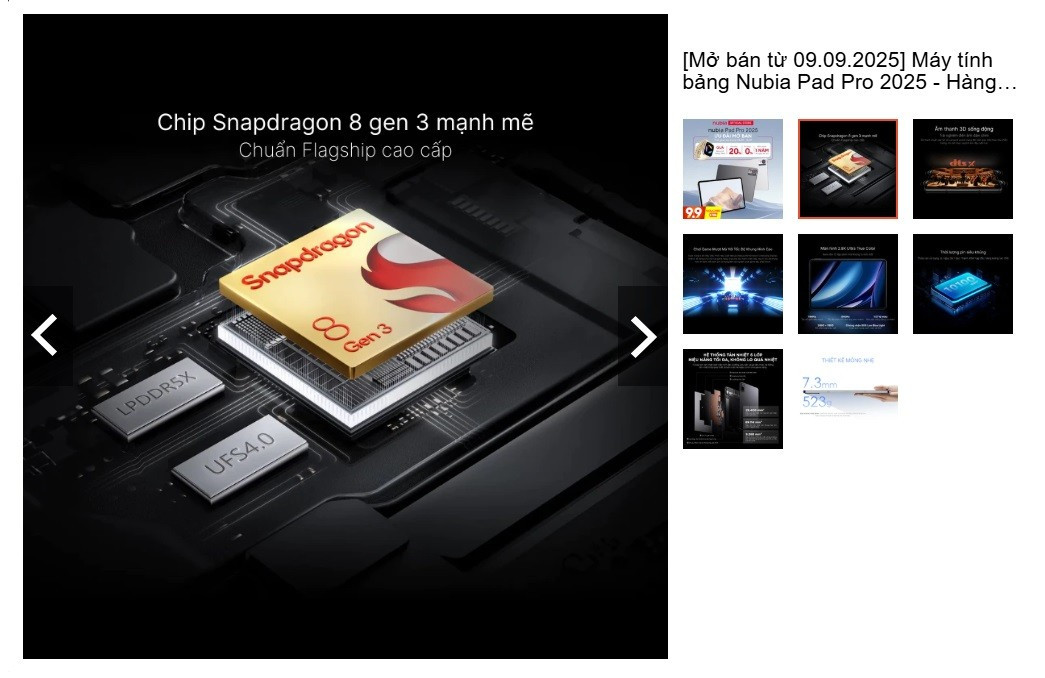 Về cấu hình, máy được trang bị chip Snapdragon 8 Gen 3, không phải vi xử lý mới nhất nhưng vẫn đủ mạnh để cạnh tranh với Dimensity 9300+ trên Galaxy Tab S10.