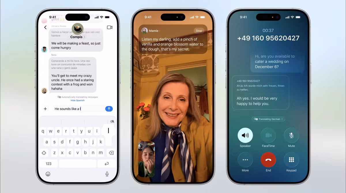  Dịch trực tiếp trong Tin nhắn, FaceTime, Điện thoại. Năm nay, Apple đã nỗ lực rất nhiều để hỗ trợ tính năng dịch trực tiếp trên nhiều thiết bị khác nhau. Tính năng dịch trực tiếp hoạt động trong Tin nhắn, FaceTime và ứng dụng Điện thoại giúp rào cản ngôn ngữ không còn là vấn đề lớn như trước nữa. Trong ứng dụng Tin nhắn, tính năng Dịch trực tiếp có thể tự động dịch tin nhắn.